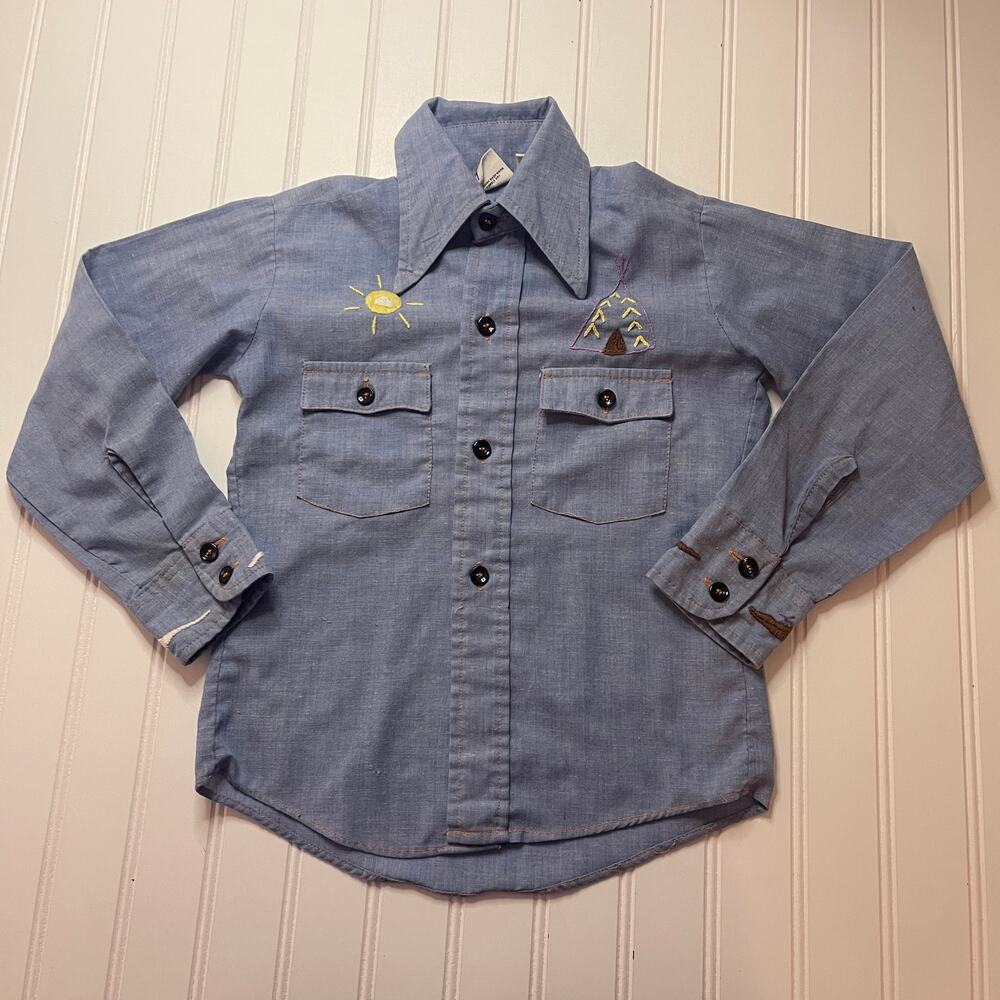 Vintage 70s Sears Embroidered Chambray Western Camping Button Down Shirt Boys 8